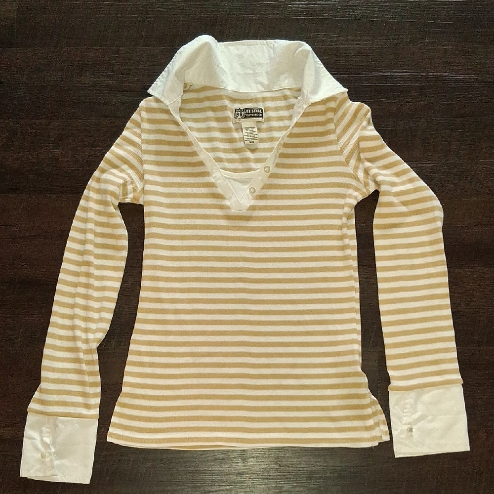 Vintage Route 66 Beige and White Striped Long Sleeve Top